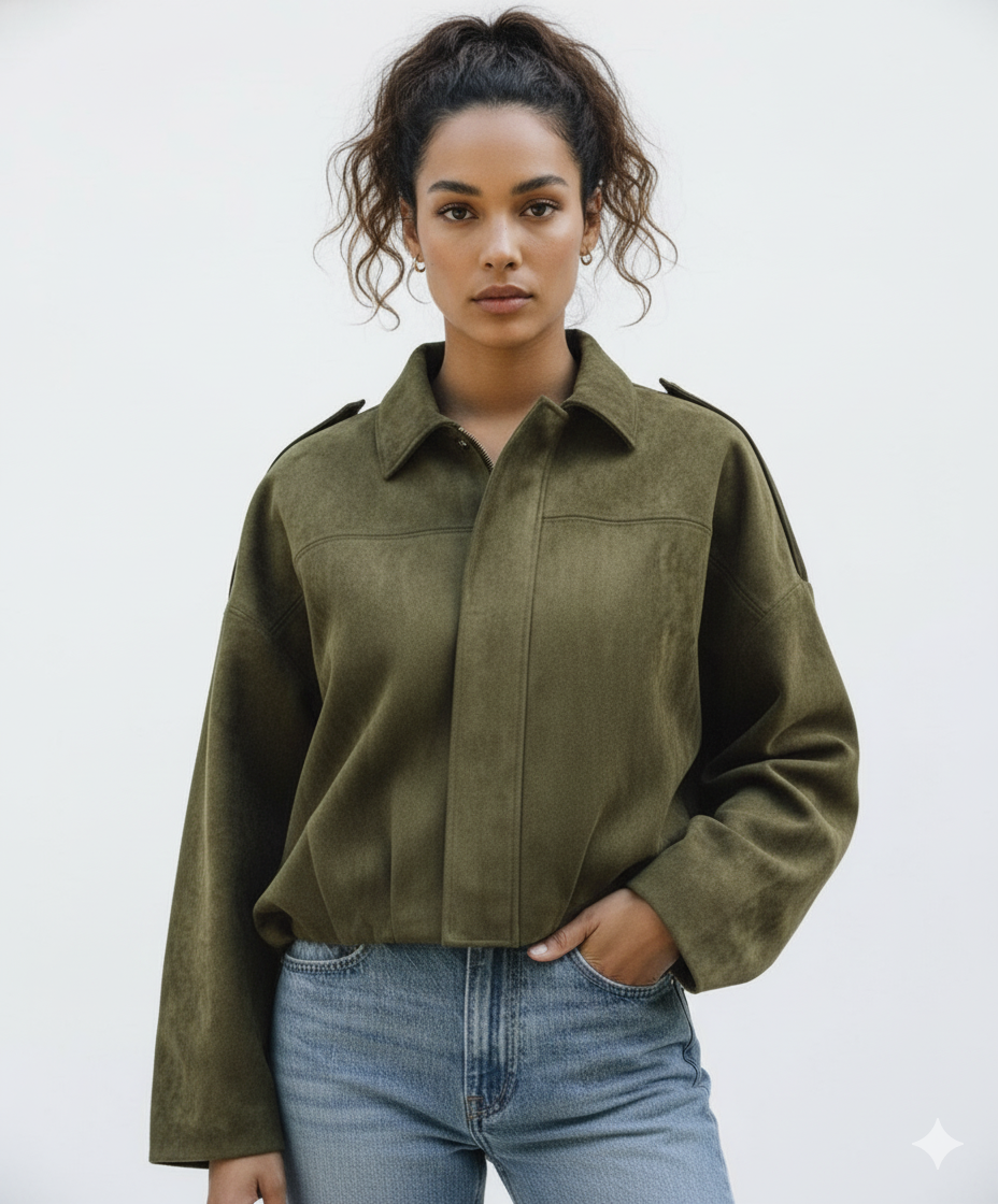 Veste oversize en suédine kaki pour femme – Joly Period, coupe ample et douce, look chic et moderne.