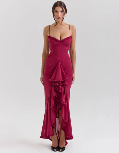 Robe Maxi à Volants Bordeaux