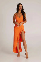 Robe longue fluide à volants Orange - Joly Period