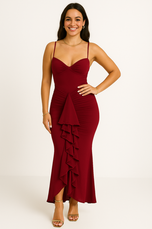 Robe Maxi à Volants Bordeaux