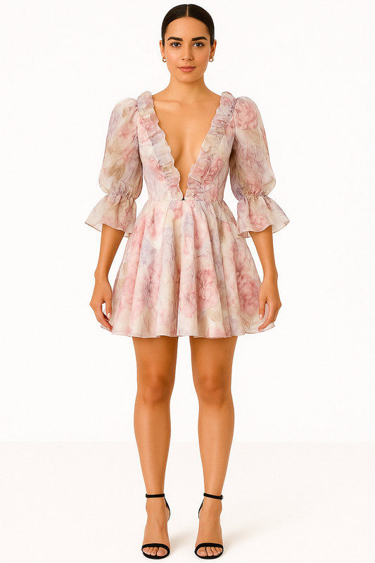 Robe fleurie à manches bouffantes