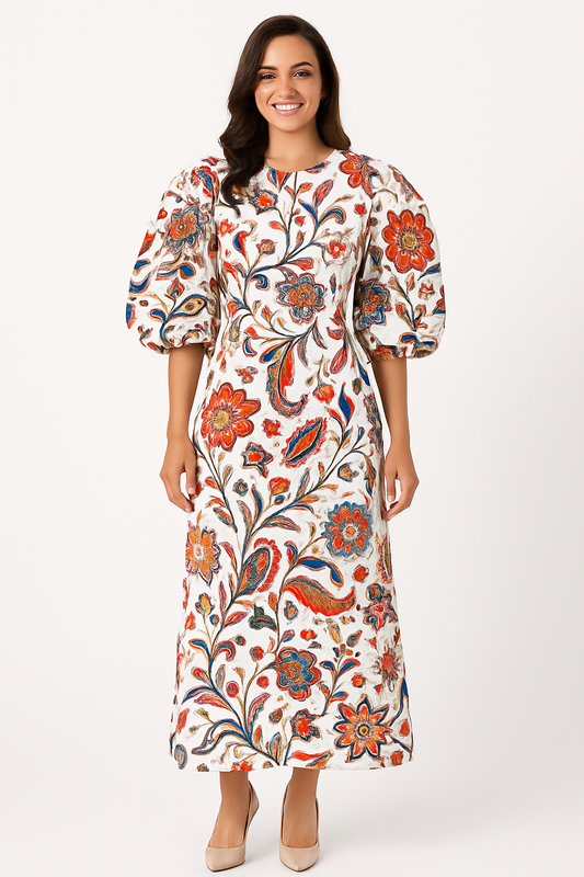 Robe Maxi Fleurie à Manches Bouffantes