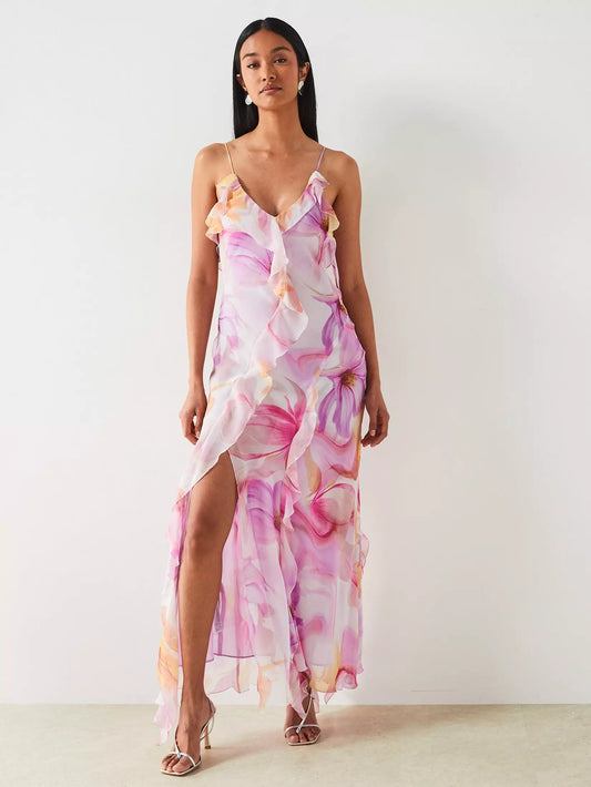 Robe Fleurie à Bretelles Satinées