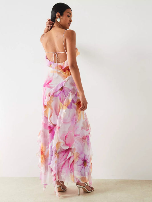 Robe Fleurie à Bretelles Satinées